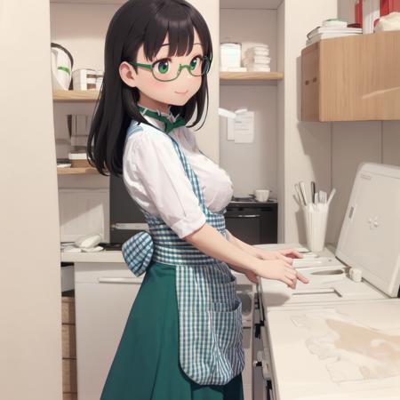 best quality, ultra-detailed, illustration,
1girl, glasses, black hair, medium hair, medium breasts, smile, standing,
KSU, bowtie, apron, white shirt, skirt, short sleeves, high-waist skirt, green bowtie, green bow, green skirt, plaid, waitress, buttons, uniform, pocket, employee uniform, green apron, breasts, collared shirt, gingham apron
<lora:kobeya_stazzo_U_SD15_V4:1>