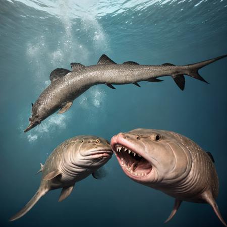 giant catfish underwater seen from a boat, realistic, sharp shot, 