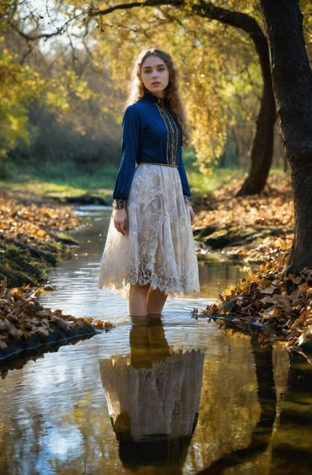 18 yo english girl,breathtaking,nature,dgtlv2,8k,((oak forest)),lose leaves,streams,Reflection of water surface,representational,Focusing,fashion editorial,full body,looking at viewer,depth of field,<lora:add-detail-xl:0.7>,gold white blue dress,Lace skirt,(Victorian age),