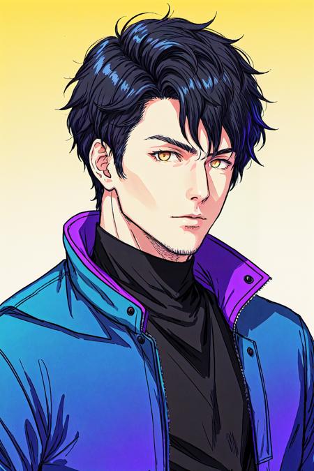 Wave Art Style,  1boy,  black hair,  closed mouth,  gradient,  gradient background,  jacket,  looking at viewer,  male focus,  portrait,  short hair,  solo,  yellow eyes, <lora:EMS-49798-EMS:0.600000>