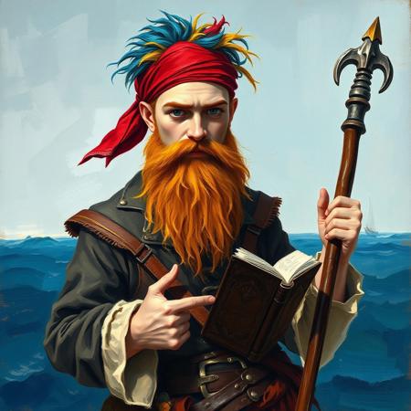 Oil painting rendered in a loose, impressionistic style with thick, expressive brush strokes. Full body portrait of a young pirate wizard. His outfit is a mish mash of wizard-like scholastic and pirate clothes. He wears a red bandana and has a long ginger beard. He has big white eyebrows. His hair is a mixture of colors: blue, red, yellow, green. He holds a book and a wizard's staff. The background shows sea and a horizon.