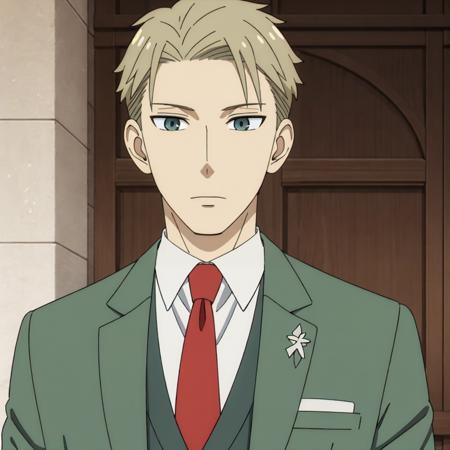 LoidForger,1man, blonde hair, hair_slicked_back, casual, formal,suit,green jacket,collared shirt,red necktie,green vest,