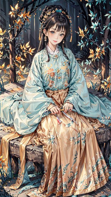 masterpiece, highres, best quality, 1girl solo, sitting, from above, looking at viewer, light smile, night,,<lora:hanfuMing_v31:0.6>,(hanfu, ming style outfits,  cyan short coat, orange mamian skirt, round collar)