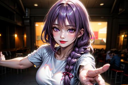 1girl, looking menacely, purple eyes, braid, shirt, twin braids, 1boy, purple hair, looking at viewer, breasts, white shirt, long hair, ribbon, bangs, outstretched arms, smile maniacly, cold expression, looking badass, majestic, (RAW photo, best quality), hyper realistic, photorealistic, (Masterpiece), 8k, best quality, ultra-detailed, lighting, cinematic lighting, <lora:more_details:0.7>