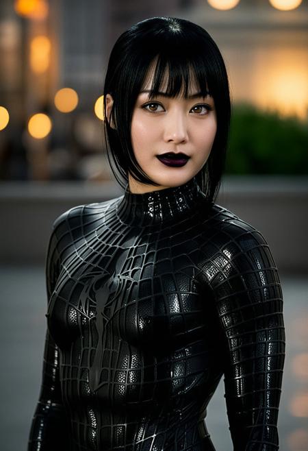 score_9, score_8_up, score_7_up, best quality, realistic, masterpiece, beautiful detail, hyperrealistic, night, city, ((1girl, woman body, huge breasts)), amazing detailed full body portrait of a beautiful japanese girl, wearing a realistic and highly detailed black raimi spider-man suit, ((huge muscular girl)), professional model wears ultra - detailed black raimi spider - man suit, ultra - detailed and grained black raimi spiderman suit, suit covered entire body and hand, black spiderman gloves, wet, (full body), (looking at viewer, dynamic pose, black hair, black lipstick, black make up), smile, octane render, highly detailed, volumetric, dramatic lighting, (highest quality:1.1), (HDR:1.3), (top quality, best quality), realistic, high definition, Expressionism - sharp focus, professional photography, masterpiece, ultra detailed photograph, high quality, 8k,