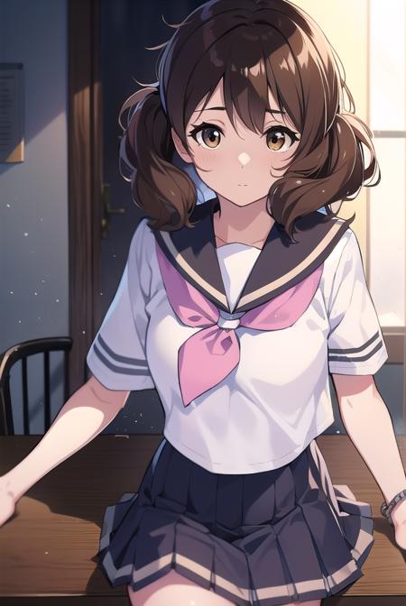 kumikooumae, <lora:kumikooumaetest:1>, 
kumiko oumae, (brown eyes:1.5), brown hair, short hair, wavy hair, (flat chest:1.2),
BREAK blue skirt, bracelet, kitauji high school uniform, neckerchief, pink neckerchief, pleated skirt, school uniform, serafuku, shirt, short sleeves, skirt, white shirt,
BREAK looking at viewer,
BREAK indoors, classroom,
BREAK <lora:GoodHands-vanilla:1>, (masterpiece:1.2), best quality, high resolution, unity 8k wallpaper, (illustration:0.8), (beautiful detailed eyes:1.6), extremely detailed face, perfect lighting, extremely detailed CG, (perfect hands, perfect anatomy),