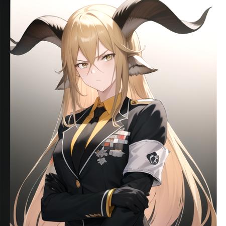 ((masterpiece)),(best quality),official art,extremely detailed CG,unity 8k wallpaper,ultra detailed,1girl,solo,upper body,(portrait:1.2),scowl,animal_ears,absurdly_long_hair,blonde_hair,shirt,military_uniform,black_pants,goat_horns,hair_between_eyes,black_gloves,black_jacket,black_footwear,looking_at_viewer,long_sleeves,yellow_eyes,goat_ears,thigh_strap,armband,bangs,black_necktie,high_heels,breasts,<lora:Degenbrecher(ark)>,