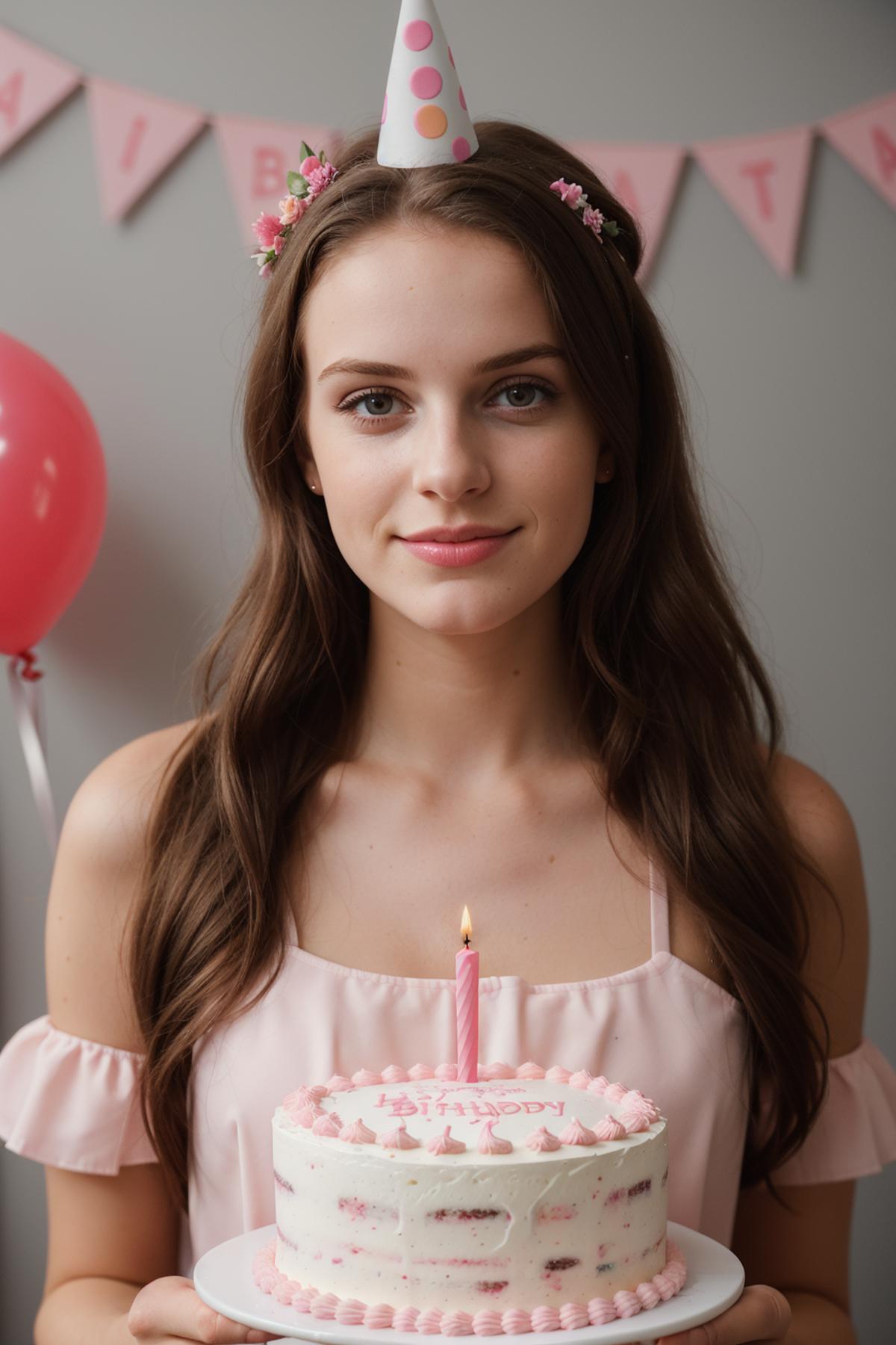 A young girl wearing a pink dress and a flower crown is seen blowing out candles on her birthday cake.