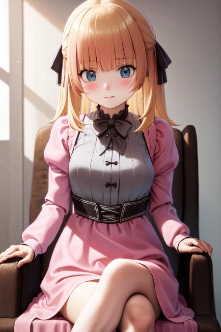 masterpiece, best quality, highres, 1girl hair ribbon, pink dress long sleeves bow frills <lora:lysia_plaid:1> sitting on chair, crossed legs