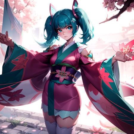 CaphenyAOV,1girl,aqua eyes,aqua hair, twintails, japanese clothes, kimono, sash, obi, short kimono, hair ornament,white legwear,wide sleeves,socks, pink dress, flower, <lora:Capheny:0.6>, upper body, potrait, frown, <lora:AOVStyle:0.55>