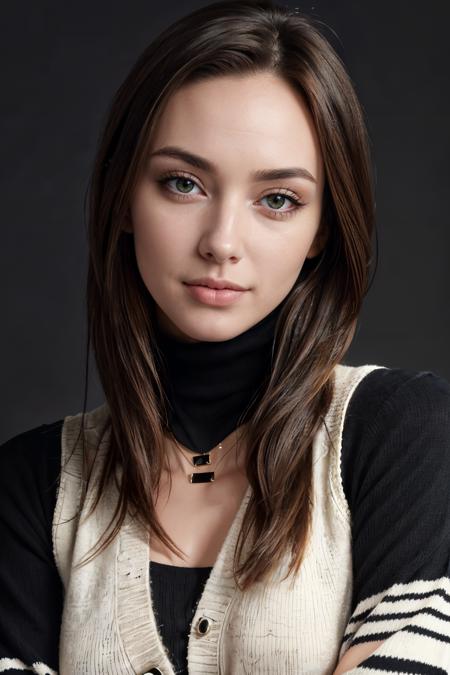 1girl, beautiful woman, portrait, upper body, beautiful face, green_eyes, black hair, forehead, high detailed skin, simple background, dark background, perfect face, pale skin, necklace on forehead, black turtleneck sweater, happy, crossed arms, beautiful hands,
