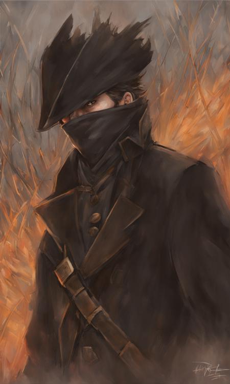 cinematic still hunter, solo, looking at viewer, red eyes, 1boy, hat, male focus, artist name, coat, black headwear, mask, chain, border, mouth mask, hunter (bloodborne) , bloodborne . emotional, harmonious, vignette, highly detailed, high budget, bokeh, cinemascope, moody, epic, gorgeous, film grain, grainy