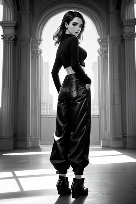 1girl, full body, beautiful face, perfect body, large baggy pants, perfect detailed face, glow, fashion, architecture, monochrome, modern, today, art, scene, spot light, back light, only traceline
