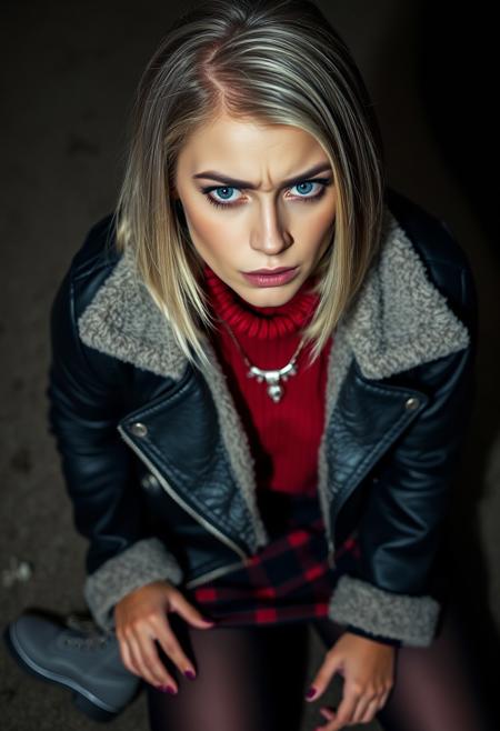 a beautiful blonde woman, kneeling,
horrified, upset, frown, eyes wide, tears, angry,
bob haircut, gray eyes, brown eyebrows, split cut eyebrow,  black leather jacket with fleece lining, red sweater, silver necklace, black red plaid mini skirt, black stockings, black combat boots, dramatic angle,  looking at viewer,