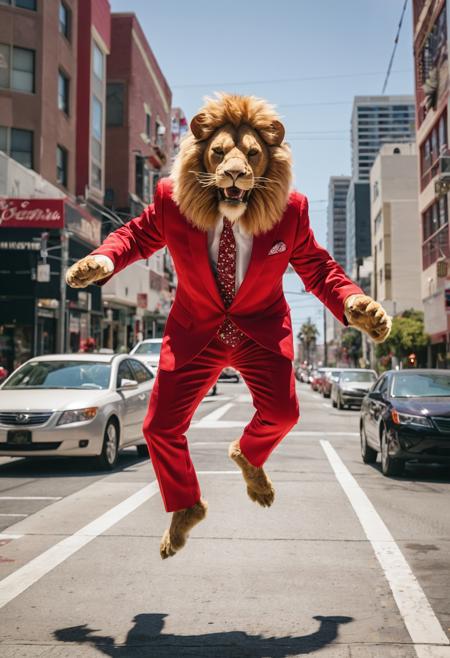 photo of an anthropomorphic lion in a red suit, jumping over the street, in the style of street photography, sunny day, los angeles background, unsplash