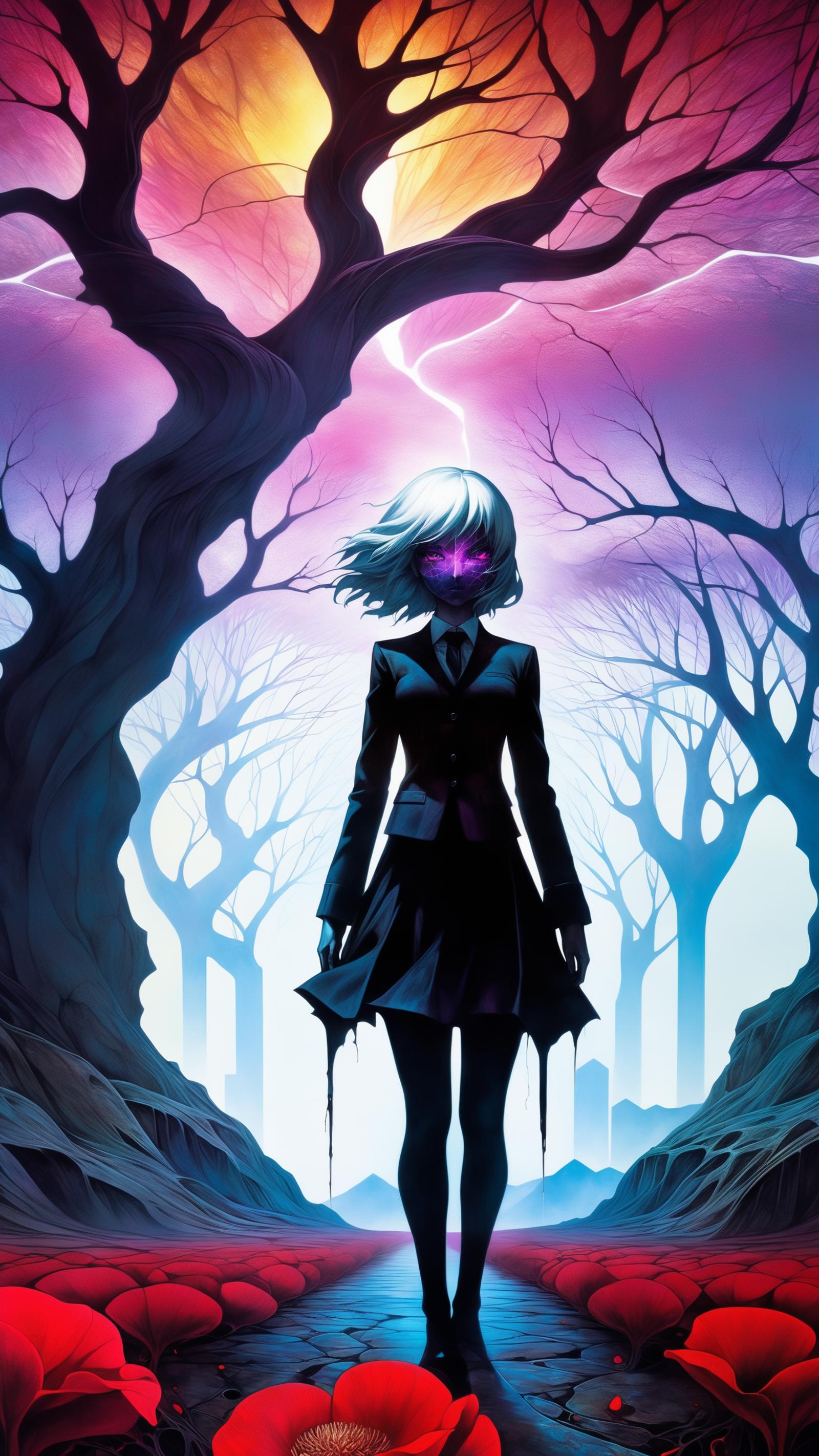 A woman in a suit stands in a dark forest with purple eyes.