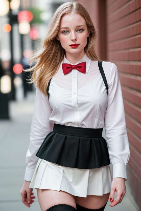 photo of a woman, racheln-2652:0.99, ((pale skin)), ((blonde hair):1.2), ((bowtie, skirt, thighhighs, white shirt):1.2),((cowboy shot, waist, hips, thighs):1.2),((school, hallway, walking):1.3),((red lipstick, eyeliner, eye shadow, blush):1.2), ((best quality, masterpiece, extreme details, high resolution):1.2),((detailed eyes, beautiful eyes, detailed face, beautiful face):1.2), photo of the most beautiful artwork in the world, professional majestic (photography by Steve McCurry), 8k uhd, dslr, soft lighting, high quality, film grain, Fujifilm XT3 sharp focus, f 5.6, High Detail, Sharp focus, dramatic