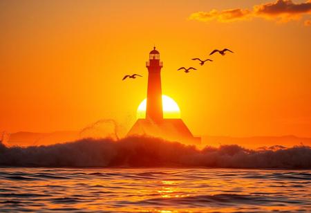 Lighthouse silhouette against the glowing sunrise, seagulls soaring above crashing waves, warm hues of morning sky reflecting on the water's surface, coastal landscape, ultra realistic, golden ratio, dramatic lighting