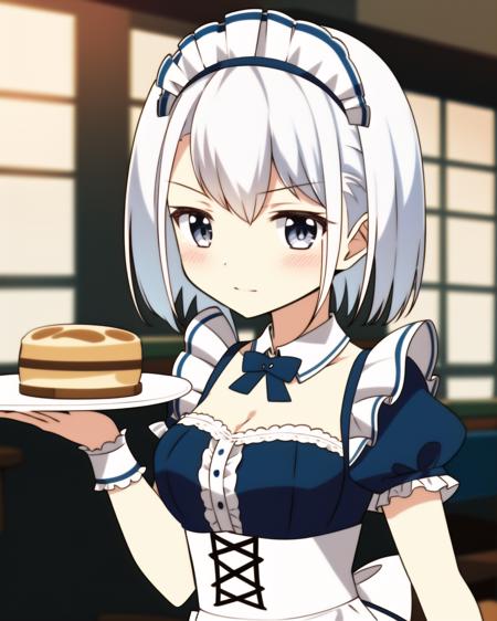 masterpiece, high quality, mgrcnagitan, 1girl, indoors, cafe, day, close shot, upper body, (dynamic pose), white hair, grey eyes, blue with white maid outfit with white apron, blue bowtie, white collar, bow-tied ribbon on back, maid hand wrappings, maid hair ornament, zettai ryouiki, black thighhighs, holding plate with dishes, <lora:mgrcnagitan-000006:0.8>