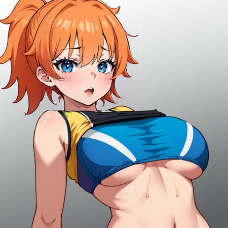 masterpiece, best quality, 1girl, sports_bikini, sports_bra, orange_hair, blue_eyes, gradient_hair,  breasts_apart,  <lora:BreastsApartV1-000090:1.0>,  BreastsApart, taut_clothes,  deep_skin, skindentation, bursting_breasts, bandeau, breast_lift, lifted_by_self,