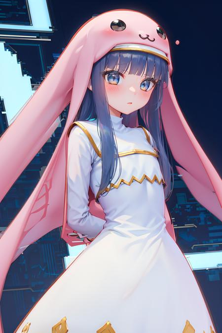 Sistermon Ciel,1girl,solo,blue hair,long hair,dress,very long hair,white dress,long sleeves,small breasts,<lora:ï¼äººç© ä¿®å¥³å½ç½ï¼Sistermon Blanc:0.8>,upper_body,arms behind back,, (masterpiece), (best quality), HDR, intricate detail,