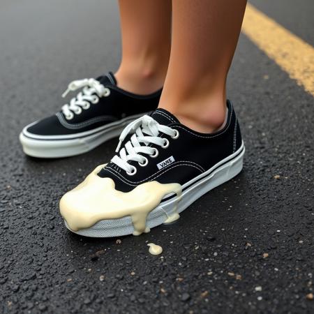woman wearing sneakers, woman standing on a black asphalt street,  sneakers are wet and creamy, one sneaker covered in cream, (((large globs of cream on sneakers))), 
(((all-black-canvas-women's-Vans-sneakers))), (((Vans-Authentic-sneakers))), ((((black-sneakers-with-white-laces)))