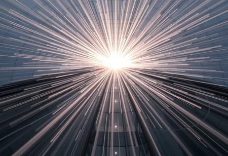 High speed grey and silver laser beam  with Chrome shockwave circles radiating perpendicular to the beam   The beam is hitting a glass building and blowing a huge while through it