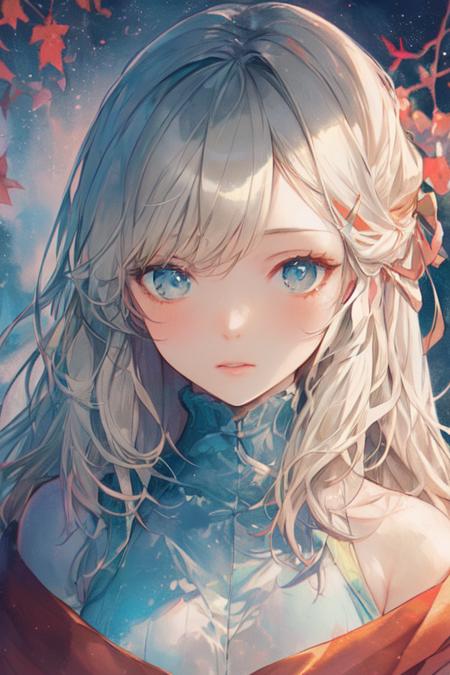 rcnz_niji style, (8k, best quality, masterpiece:1.2),(best quality:1.0), (ultra highres:1.0), watercolor, a beautiful woman, shoulder, hair ribbons, by agnes cecile, half body portrait, extremely luminous bright design, pastel colors, (ink:1.3), autumn lights