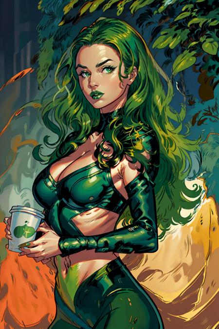 official art, masterpiece, Lorna Dane, Polaris,green lips, 1girl, solo,cup, makeup, lipstick,  long hair, mug, holding cup, breasts, cleavage, bodysuit, green leotard, midriff,  looking at viewer,holding,upper body, nice hands, specular highlights <lora:Polaris-10:0.8>