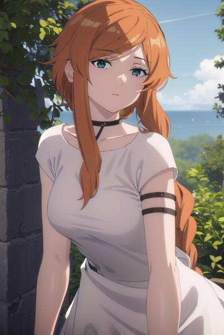 flamme, long hair, (green eyes:1.5), (swept bangs:1.5), braid, orange hair, single braid, braided ponytail, dress, collarbone, choker, white dress, short sleeves,