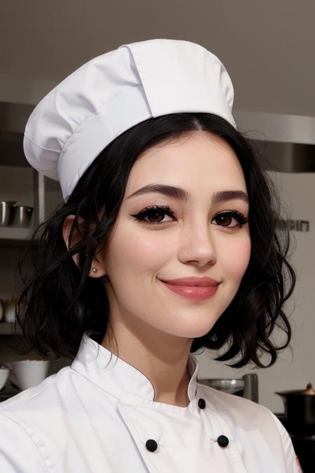 (photo of <lora:ellahunt-09:0.8>, ellahunt), a woman with black hair, ((closeup, portrait):1.2), ((indoors, chef hat, chef uniform, chef coat):1.2), ((kitchen)) ((dimples))(lipstick, eyeliner, eye shadow), (slight smile), ((detailed eyes, detailed face):1.3)(masterpiece:1.2)