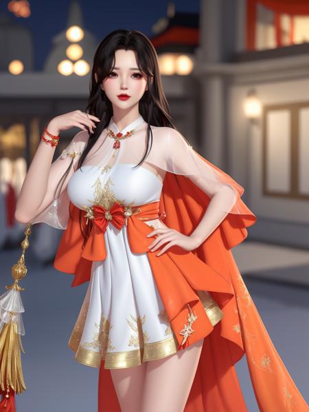 <lora:NSHliu_20230725154853:0.75>,1girl, cityscape, looking at viewer, mature female,white orange dress,bare legs, makeup, multicolored dress,red tie,red tassel, capelet, see-through, shiny clothes, jewelry, blurry background,