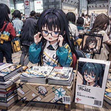 best quality, ultra-detailed, illustration, 1girl, glasses, black hair, long hair, 
comiket, table, chair, book, indoors, photo background, multiple girls, chair, long hair
<lora:comiket_SD15_C103:1>