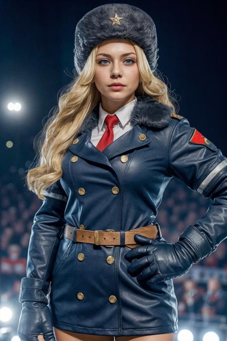 1girl,
best quality,masterpiece,depth of field,8k,absurdres,photorealistic,highres,cinematic lighting,
<lora:breastsizeslideroffset:-0.2>,<lora:skin_tone_slider_v1:-0.4>,<lora:add_detail:0.3>,<lora:Kolin:0.3>,kolin2,long hair,blue eyes,blonde hair,simple background,gloves,hat,very long hair,upper body,full_lips,coat,hand on hip,buttons,fur hat,ushanka,military,ussr-tan,soviet,a serious expression,bonple_military_uniform,wagnaria_uniform,army uniforms,shoulder_patches,armbinder,natasha,mma_gloves,leather_belt,makeup,cool & sexy \(idolmaster\),stage lights,black background,