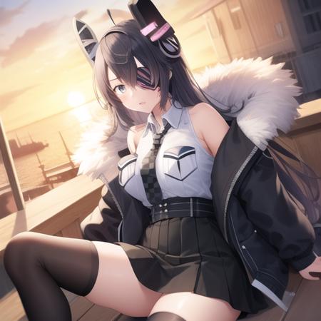 (masterpiece, best quality:1.2),illustration,8k,hd,1girl,solo,black jacket,black skirt,black thighhighs,breast pocket,checkered necktie,collared shirt,fur-trimmed jacket,fur trim,headgear,high-waist skirt,pocket,shirt,sleeveless shirt,white shirt,open jacket,eyepatch,<lora:Tenryuu(kan)>,