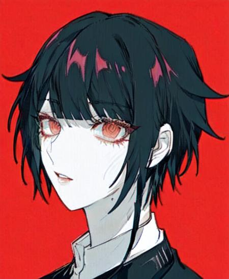 <lora:inuyama_muneto-style-v1:1>, black hair, short hair, blunt bangs, red eyes, red makeup, portrait