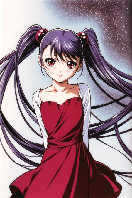 Hoshino Ruri,1girl, solo, dress, long hair, twintails, looking at viewer, very long hair, smile, standing, red eyes, traditional media, wind, long sleeves, purple dress, purple hair, bangs, pink dress, wind lift, white background, arm behind back, floating hair, hair ornament, <lora:Keiji Gotoh:0.8>