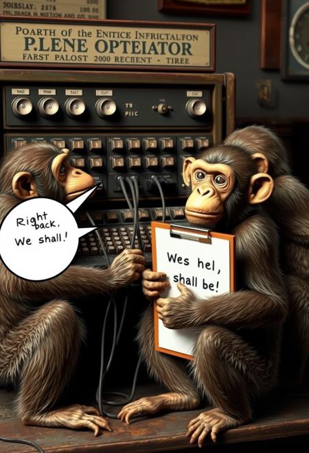 A bunch of monkeys are trying to plug wires into a vintage phone operator switchboard, and one monkey is holding a clipboard with a speech bubble text: "Right back, We shall be."