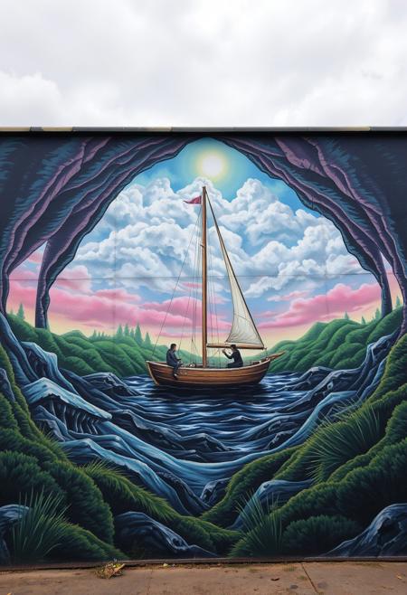 A sailing vessel floats through a cavernous metal ocean
, surreal, vibrant colors, urban wall, nature background, playful interaction, surreal elements, street art, meditative atmosphere, solitary figures, vast empty landscapes, emotional symbolism, loneliness, self-reflection, poetic symbolism, serene visuals