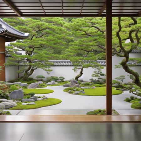 a wood room with a view of a garden in the distance , garden with Asian classical landscape culture, in the garden there are three green islands with graceful curved shape covered by moss, dotted with ten Japanese-style rocks, a red maple . The small courtyard is surrounded by a 1.6-meter-high fence with white walls and gray and very tidy tiles. There are some Japanese-style architectural backgrounds outside the fence. After the rain, the sky was sunny, the ground was still wet, and there was a slight mist. This is a realistic photo, (4K quality:1.8),(master work:1.8), moderate tones, (rich plant details:1.8), clear picture，kyoto studio, detailed leaves