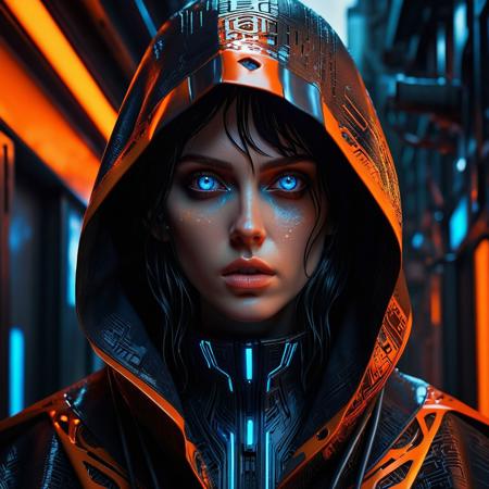 A close-up portrait of a woman with striking blue eyes and dark, wet hair, framed by a futuristic hooded cloak. The cloak has an orange inner lining and is covered with intricate, tech-inspired patterns, giving off a cyberpunk vibe. The lighting is dim and moody, with subtle rain effects adding a dramatic touch. The woman has a small metallic implant or accessory attached to her lower lip, enhancing the futuristic theme. Her expression is intense and focused, creating a powerful and immersive atmosphere in the image. The overall color palette is orange.