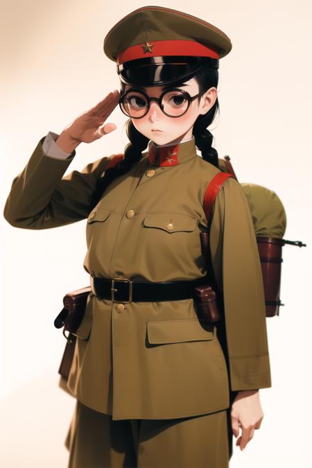 masterpiece, best quality, absurdres, high resolution, extremely detailed, 1girl, solo, cowboy shot, ((IJA Taisho, khaki uniform, IJA soldier,IJA peaked cap,)), right hand up salute,   leg wrappings,leg_wrap, infantryman's puttee, small breasts,  narrow waist,  black hair, twin braids, hair over breasts,   black eyes, round eyewear, glasses,   full-face blush, embarrassed,   <lora:IJAuniform-v0-000005:0.8>, backpack, leather belt pouch,