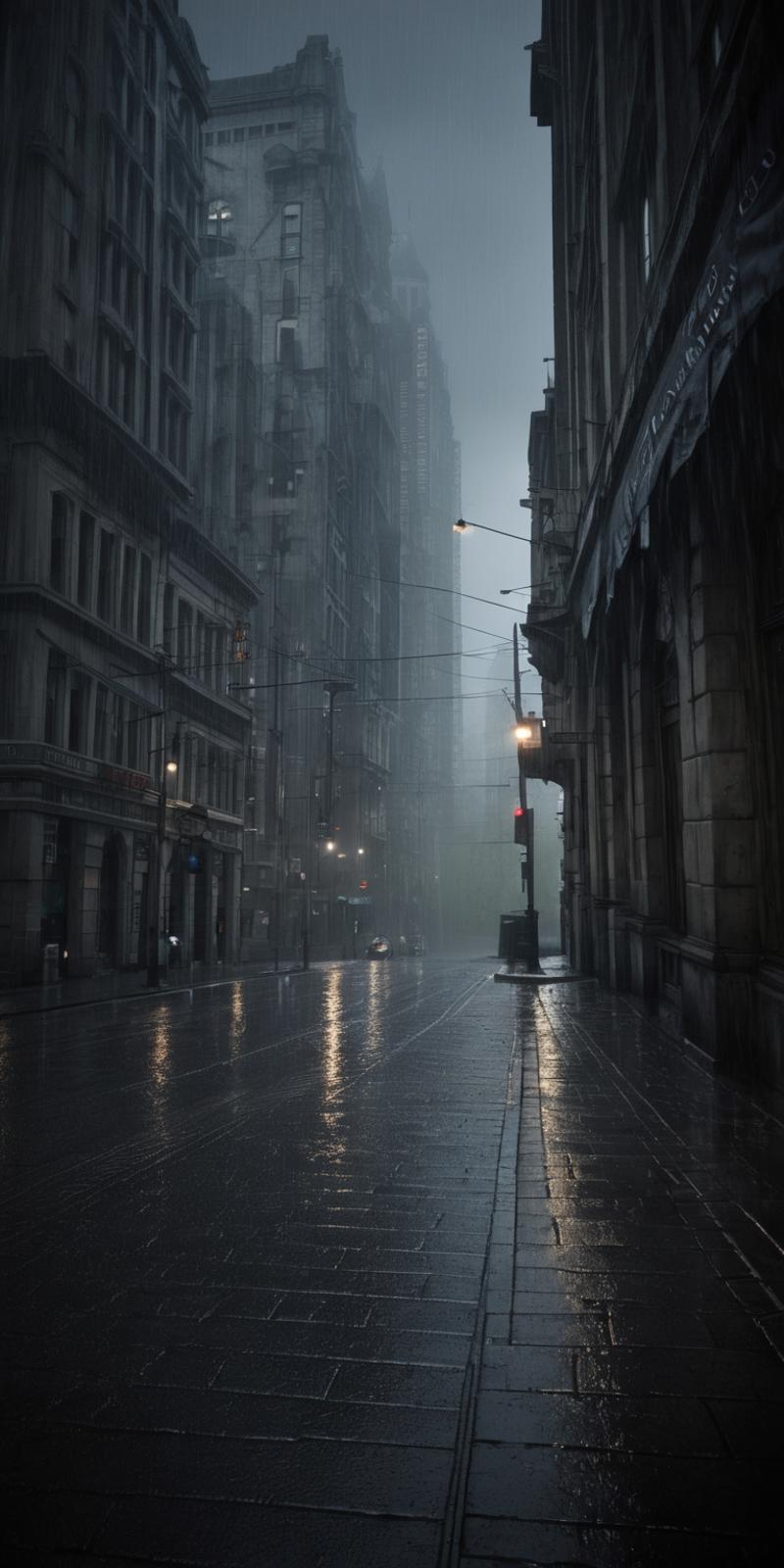 The Rainy City: A Street Scene in a Large City at Night