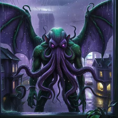 lazypos,
tearStyle2,
An anthropomorphic cybernetic cthulhu looking through the window of his home in a cyberpunk city, raining, wet glass, highly detailed, no human, wings, tentacle, purple theme,