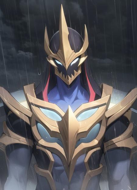 blue,gold, zed,warrior mask,  upper body, angle view,masterpiece,rain,dark clouds, <lora:06SPLASH_V60-03ingame:1:lbw=1,0,0,1,1,1,1,1,1,1,1,1,1,0,0,1,1>