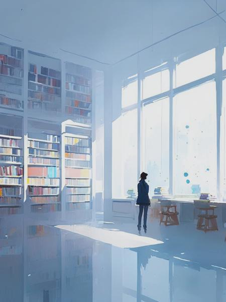 <lyco:PascalCampion:1.0> a library in the style of delicate illustration, sparse and simple watercolor, minimalistic, yaoyao ma van as, pascal campion, plenty of white space