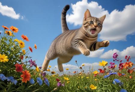 Highly detailed photograph of a tabby kitten leaping through the air above a field of colorful flowers. Side view. Floppy ears, floppy tongue, big eyes, very cute, very happy, joyful. Blue sky with fluffy clouds. Bright sun, (god rays).
