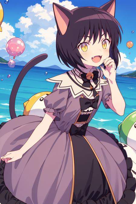 (masterpiece_1.3), (best quality_1.2),kuronekosuzu,1girl,solo,takahashi_rumiko,fang,open mouth,looking at viewer,petite,small_breasts,animal ears,cat ears,black hair,short hair,cat girl,bell,tail,cat tail,yellow eyes,slit pupils,neck bell,smile,  <lora:20_kuronekosuzu:0.8>standing,v-neck sweater __patterns__ pants