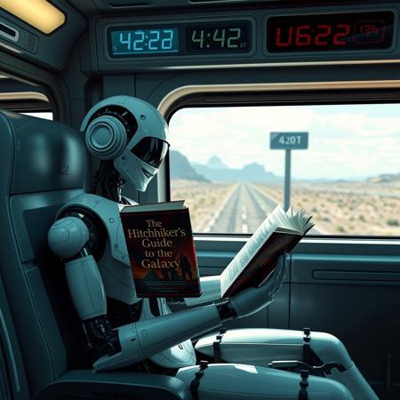 Robot humanoid woman sitting in futuristic train and reading a book "The Hitchhiker's Guide to the Galaxy", she is laughing. Train is passing by mile post nr 42. There is clock showing time 4:42 in train. train is passing by futuristic landscape.