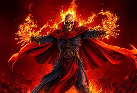 A comic series illustration of the King of the Skull Servants as a Ghost Rider persona. Dynamic action pose, arms outstretched, dramatic flowing red cape, contrasting blue and red attire, skull head. Dark red background, engulfed in fiery orange and yellow flames. Cinematic composition, dramatic atmospheric lighting, creative angle. 8K, hyperdetailed, trending on Artstation, CGSociety, Octane Render, Unreal Engine 5, Splash Ink style, Golden Ratio, impeccable composition.